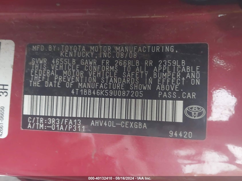 2009 Toyota Camry Hybrid VIN: 4T1BB46K59U087205 Lot: 40132410