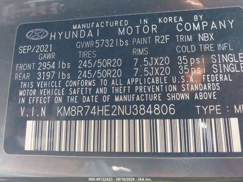 2022 Hyundai Palisade Calligraphy VIN: KM8R74HE2NU384806 Lot: 40132423