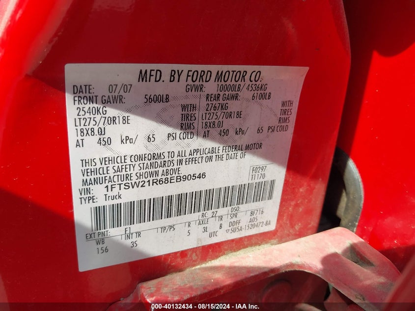 2008 Ford F-250 Fx4/Harley-Davidson/King Ranch/Lariat/Xl/Xlt VIN: 1FTSW21R68EB90546 Lot: 40132434