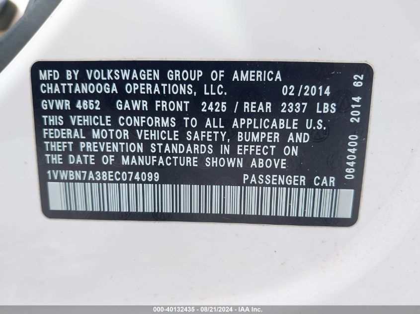 2014 Volkswagen Passat 2.0L Tdi Se VIN: 1VWBN7A38EC074099 Lot: 40132435