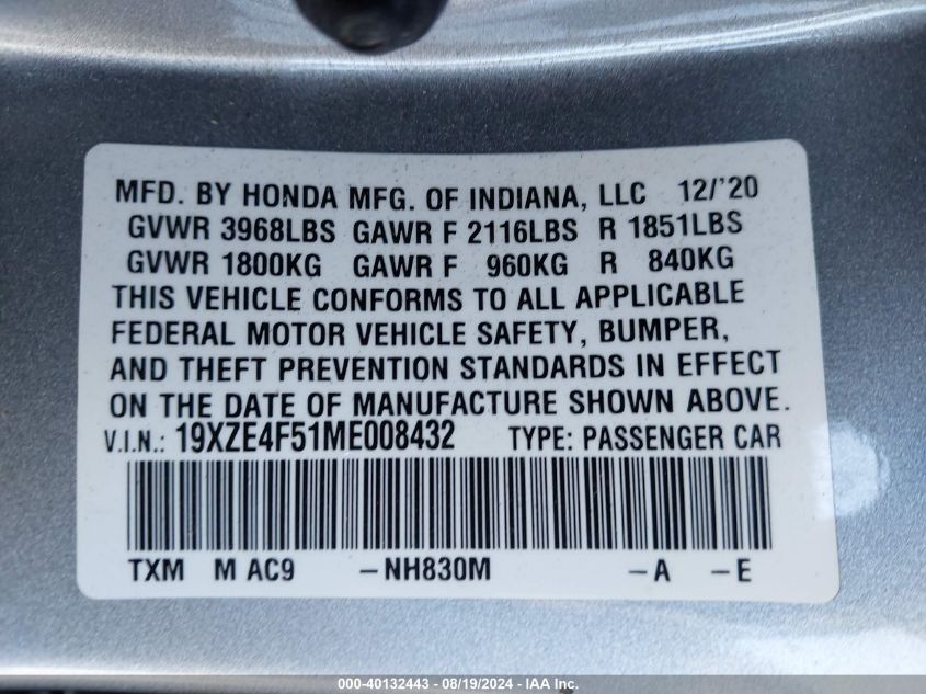 2021 Honda Insight Ex VIN: 19XZE4F51ME008432 Lot: 40132443