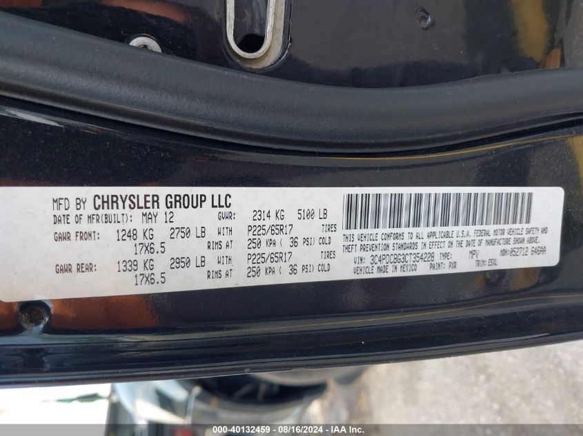 2012 Dodge Journey Sxt VIN: 3C4PDCBG3CT354228 Lot: 40132459