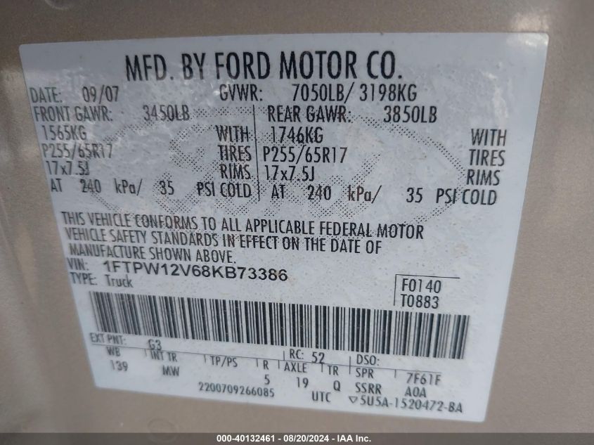 2008 Ford F150 Supercrew VIN: 1FTPW12V68KB73386 Lot: 40132461