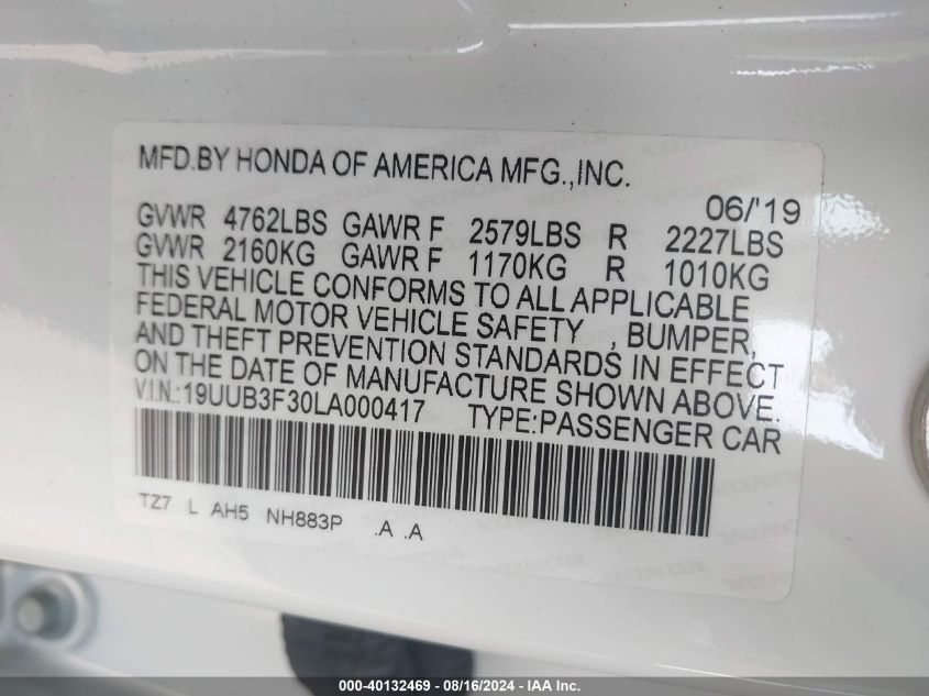 2020 Acura Tlx Standard VIN: 19UUB3F30LA000417 Lot: 40132469