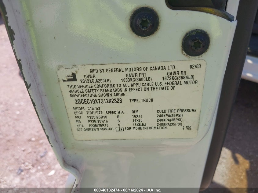 2003 Chevrolet Silverado 1500 Ls VIN: 2GCEC19X731292323 Lot: 40132474