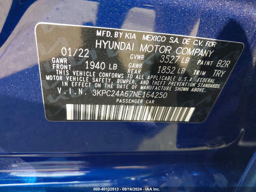 2022 Hyundai Accent Sel VIN: 3KPC24A67NE164250 Lot: 40132513