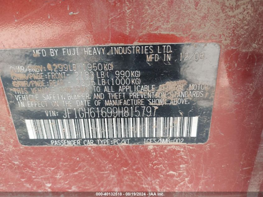 2009 Subaru Impreza 2.5I VIN: JF1GH61699H815797 Lot: 40132518