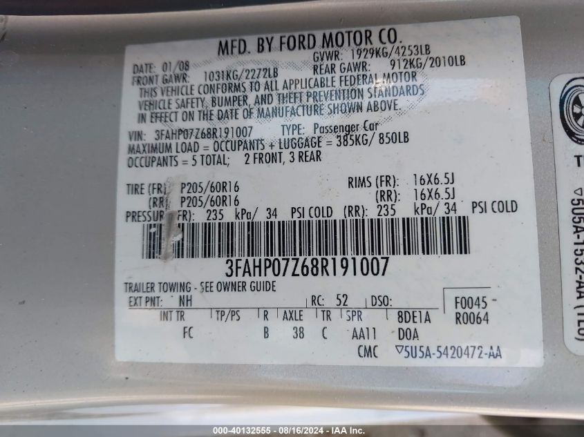 2008 Ford Fusion Se VIN: 3FAHP07Z68R191007 Lot: 40132555