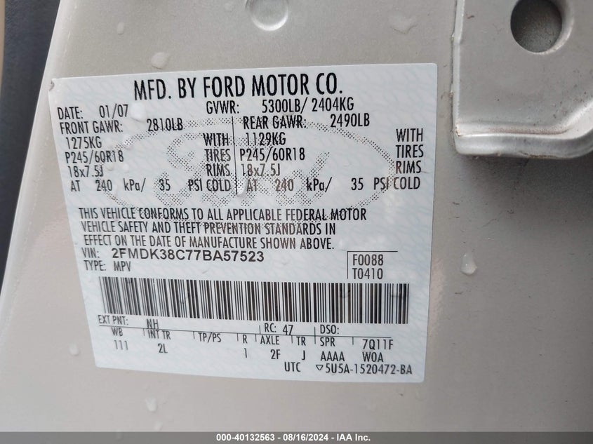 2007 Ford Edge Sel VIN: 2FMDK38C77BA57523 Lot: 40132563