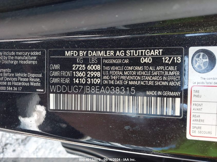 2014 Mercedes-Benz S 63 Amg 4Matic VIN: WDDUG7JB8EA038315 Lot: 40132579