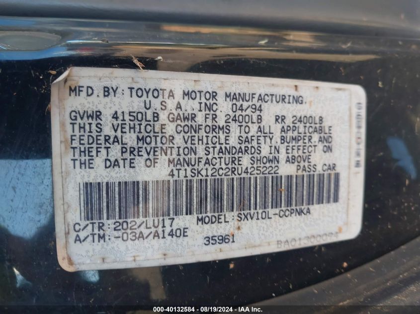 1994 Toyota Camry Le VIN: 4T1SK12C2RU425222 Lot: 40132584