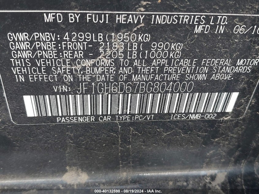 2011 Subaru Impreza Outback Sport VIN: JF1GH6D67BG804000 Lot: 40132598