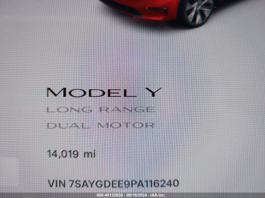 2023 Tesla Model Y Awd/Long Range Dual Motor All-Wheel Drive VIN: 7SAYGDEE9PA116240 Lot: 40132638