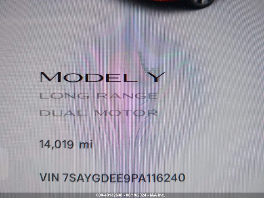 2023 Tesla Model Y Awd/Long Range Dual Motor All-Wheel Drive VIN: 7SAYGDEE9PA116240 Lot: 40132638