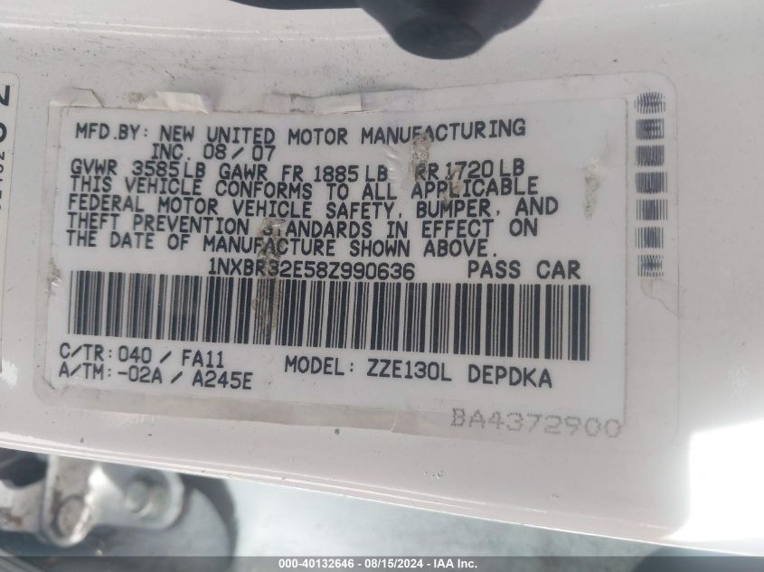 2008 Toyota Corolla Ce VIN: 1NXBR32E58Z990636 Lot: 40132646