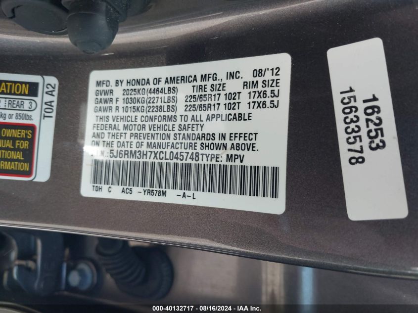 2012 Honda Cr-V Ex-L VIN: 5J6RM3H7XCL045748 Lot: 40132717