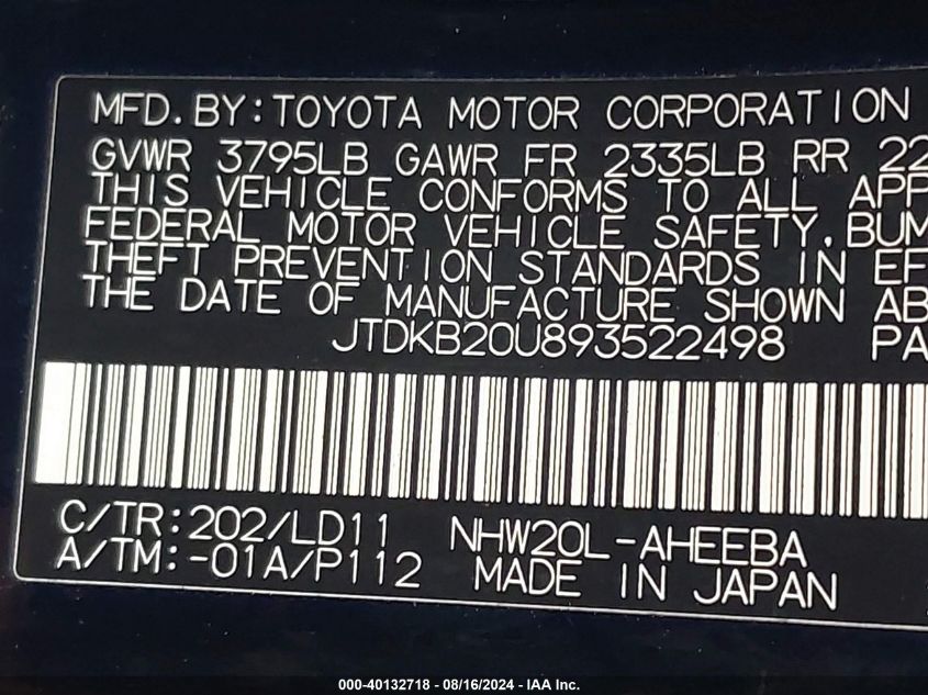 2009 Toyota Prius VIN: JTDKB20U893522498 Lot: 40132718