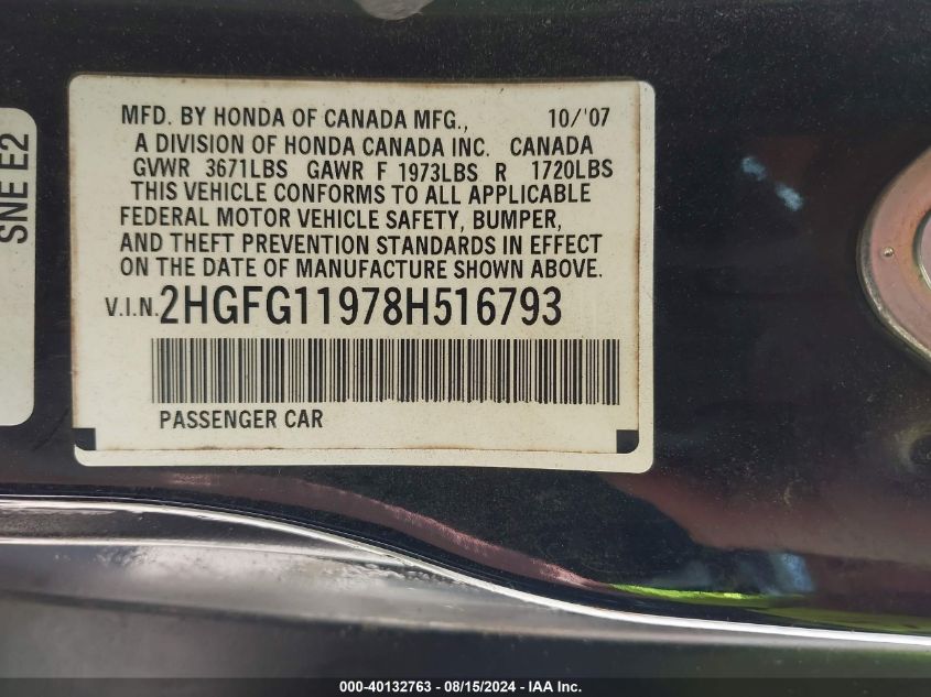 2008 Honda Civic Ex-L VIN: 2HGFG11978H516793 Lot: 40132763