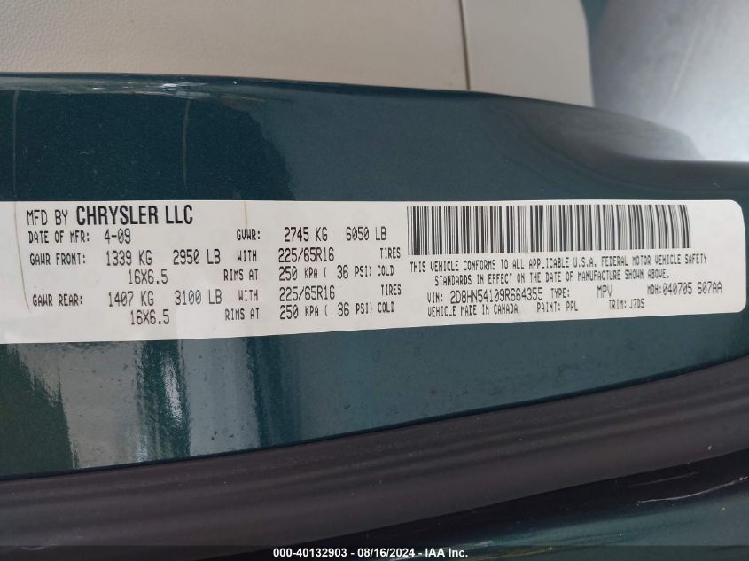 2009 Dodge Grand Caravan Sxt VIN: 2D8HN54109R664355 Lot: 40132903