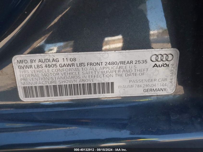 2009 Audi A4 2.0T Premium VIN: WAUMF78K29N041144 Lot: 40132912