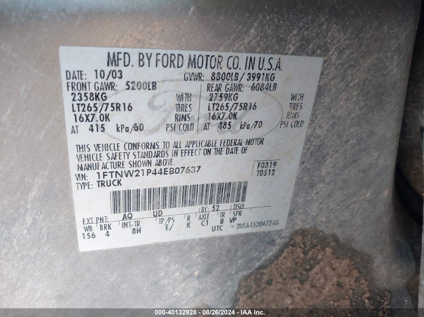 2004 Ford F-250 Lariat/Xl/Xlt VIN: 1FTNW21P44EB07637 Lot: 40132928