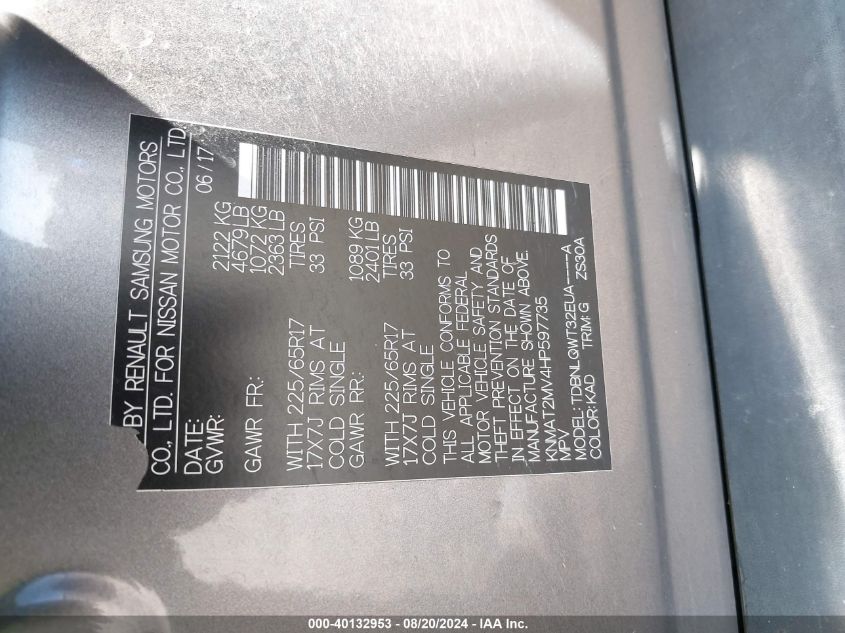 2017 Nissan Rogue Sv VIN: KNMAT2MV4HP597735 Lot: 40132953