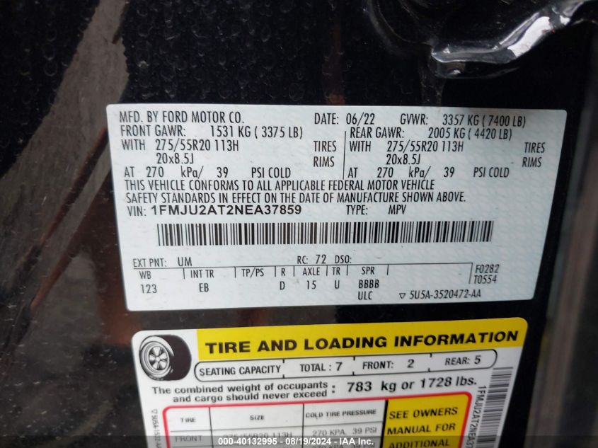 2022 Ford Expedition Limited VIN: 1FMJU2AT2NEA37859 Lot: 40132995