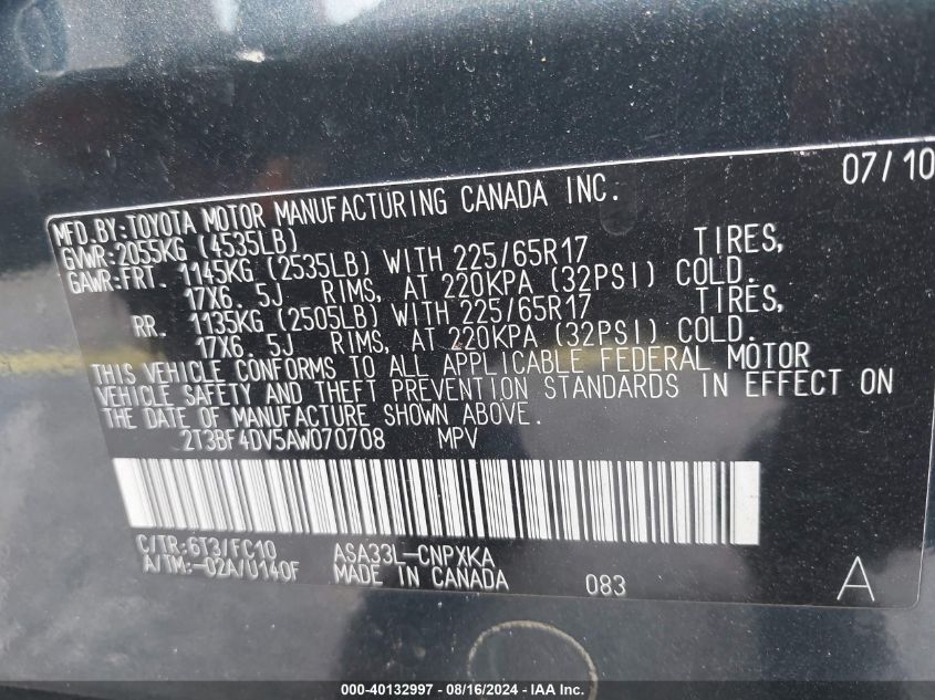 2010 Toyota Rav4 VIN: 2T3BF4DV5AW070708 Lot: 40132997