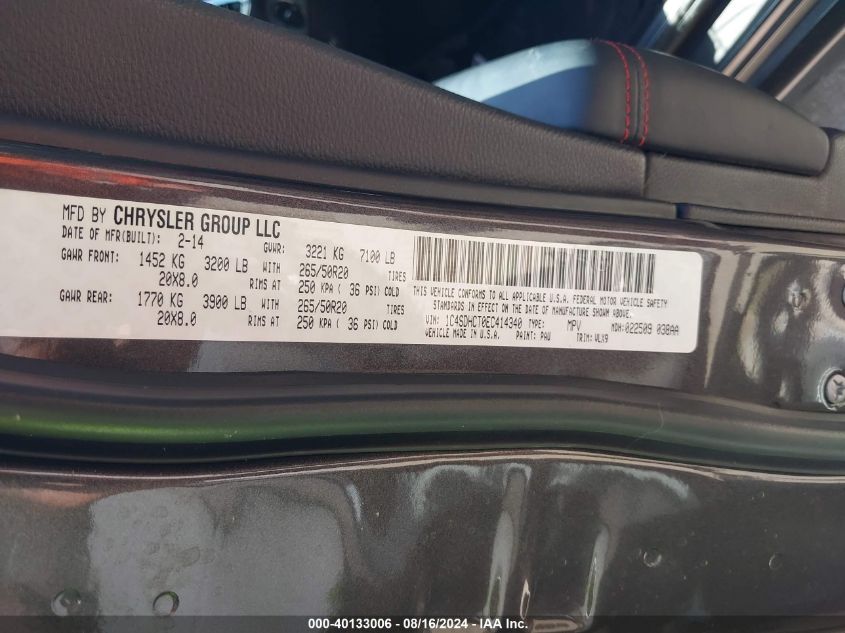 2014 Dodge Durango R/T VIN: 1C4SDHCT0EC414340 Lot: 40133006