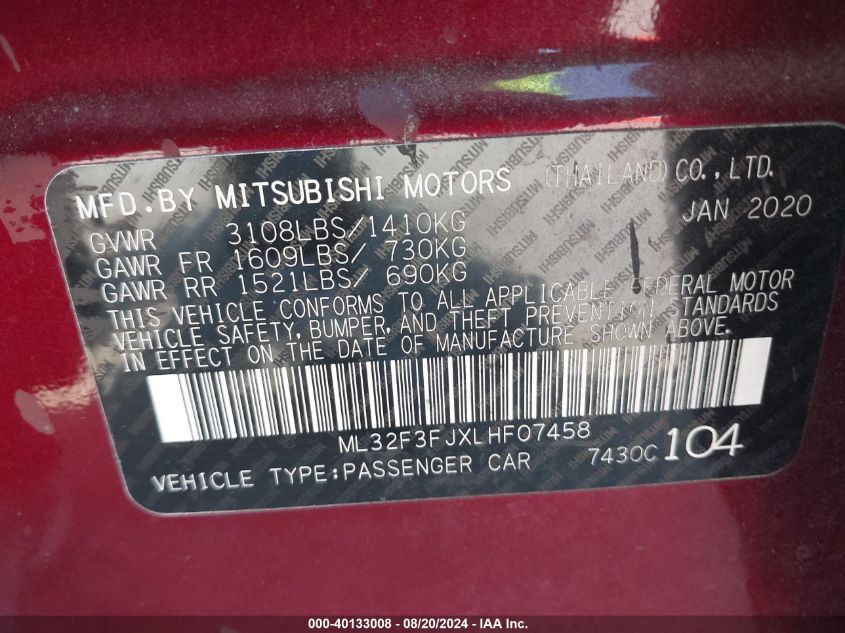 2020 Mitsubishi Mirage G4 Es VIN: ML32F3FJXLHF07458 Lot: 40133008