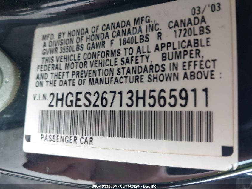 2003 Honda Civic Ex VIN: 2HGES26713H565911 Lot: 40133054