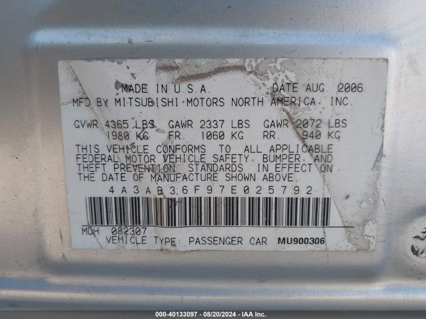 2007 Mitsubishi Galant Es VIN: 4A3AB36F97E025792 Lot: 40133097