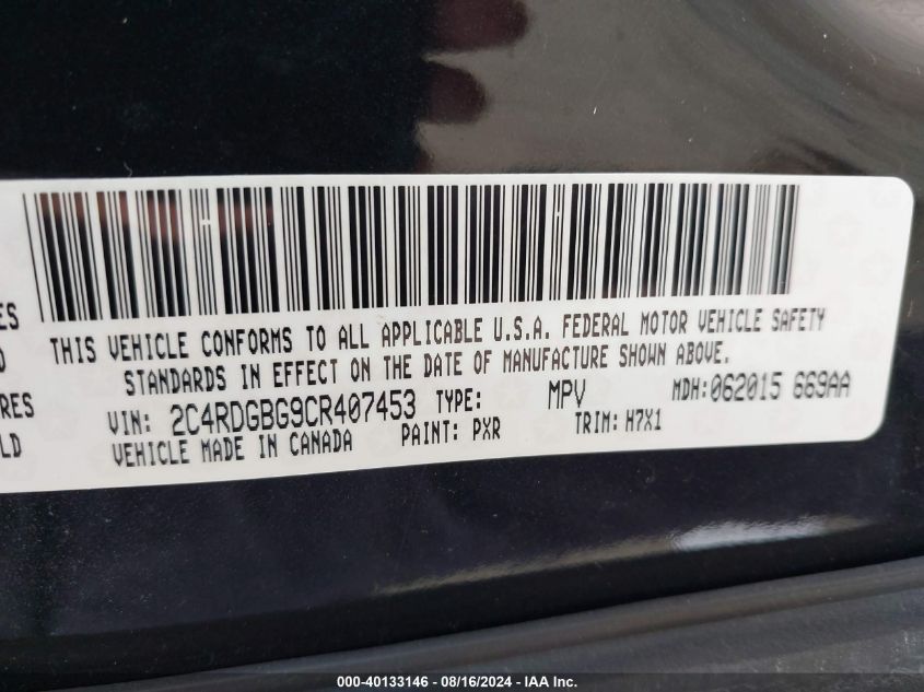 2012 Dodge Grand Caravan Se VIN: 2C4RDGBG9CR407453 Lot: 40133146