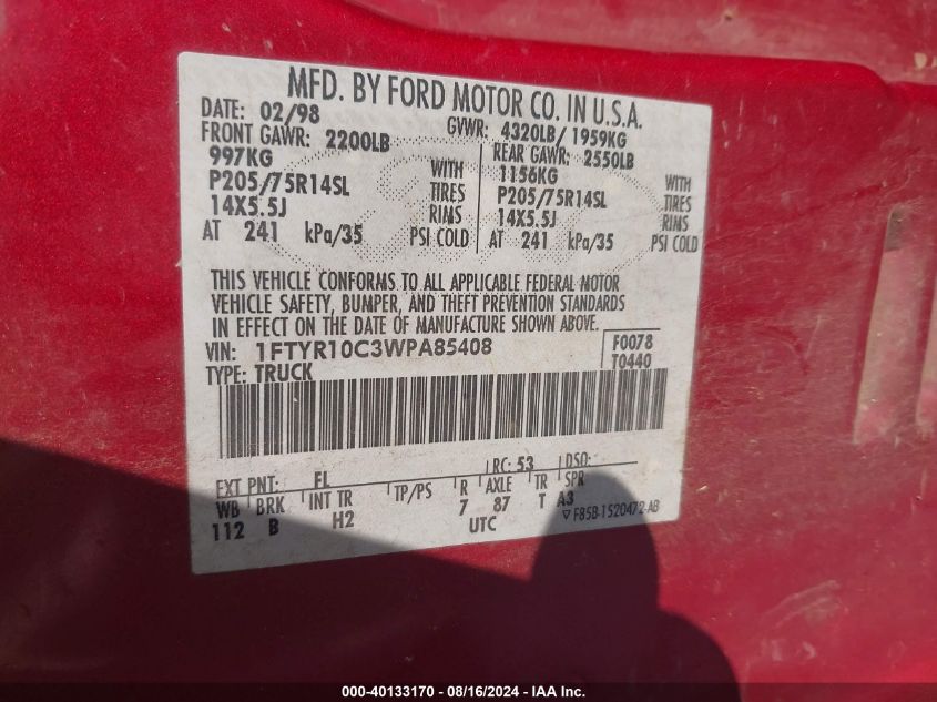 1998 Ford Ranger Splash/Xl/Xlt VIN: 1FTYR10C3WPA85408 Lot: 40133170