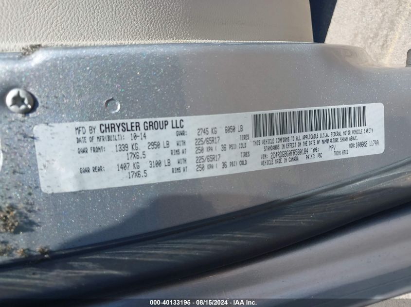 2015 Dodge Grand Caravan Se VIN: 2C4RDGBG0FR580184 Lot: 40133195