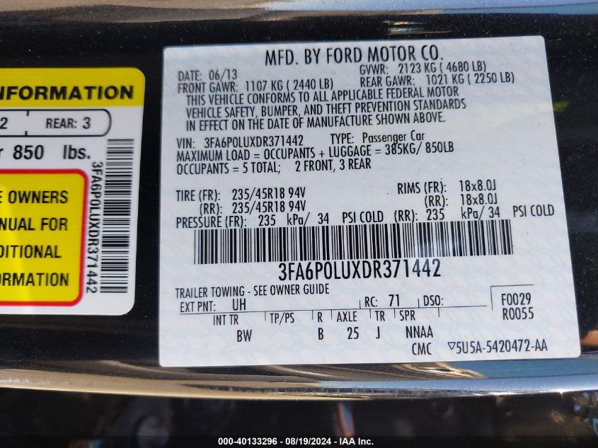 2013 Ford Fusion Hybrid Se VIN: 3FA6P0LUXDR371442 Lot: 40133296