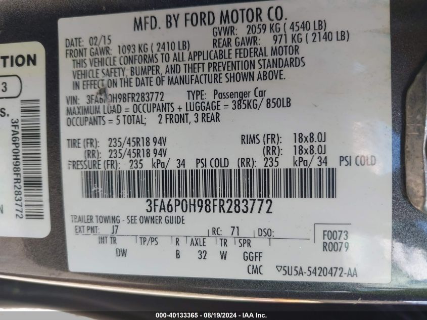 2015 Ford Fusion Se VIN: 3FA6P0H98FR283772 Lot: 40133365