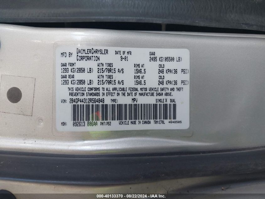 2002 Dodge Grand Caravan Sport VIN: 2B4GP44312R564848 Lot: 40133370