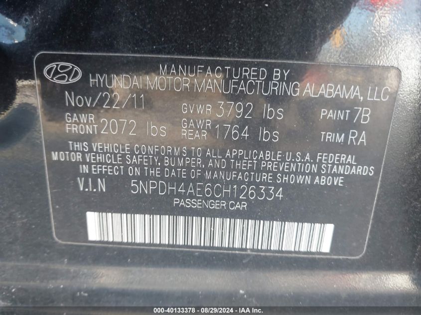 5NPDH4AE6CH126334 2012 Hyundai Elantra Gls