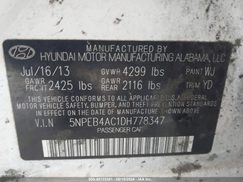 2013 Hyundai Sonata Gls VIN: 5NPEB4AC1DH778347 Lot: 40133381