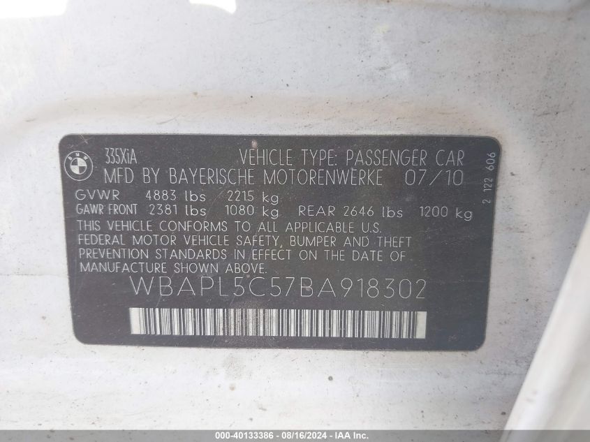 2011 BMW 3 Series Xi VIN: WBAPL5C57BA918302 Lot: 40133386