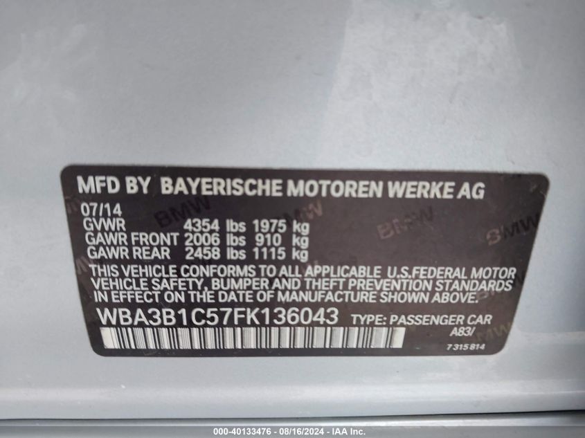 2015 BMW 320I VIN: WBA3B1C57FK136043 Lot: 40133476