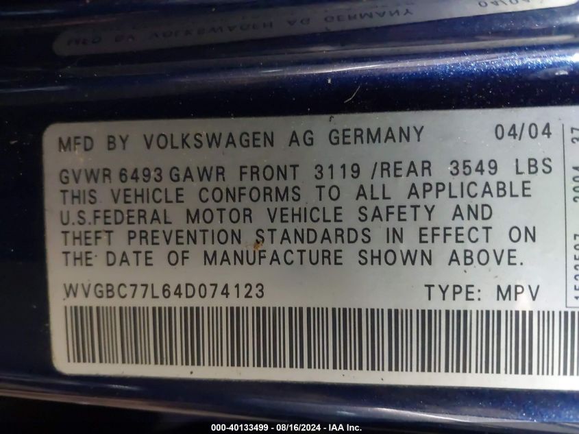 2004 Volkswagen Touareg V6 VIN: WVGBC77L64D074123 Lot: 40133499