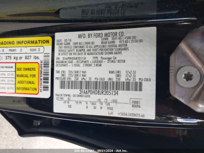 2018 FORD FUSION VIN: 3FA6P0HD8JR205134