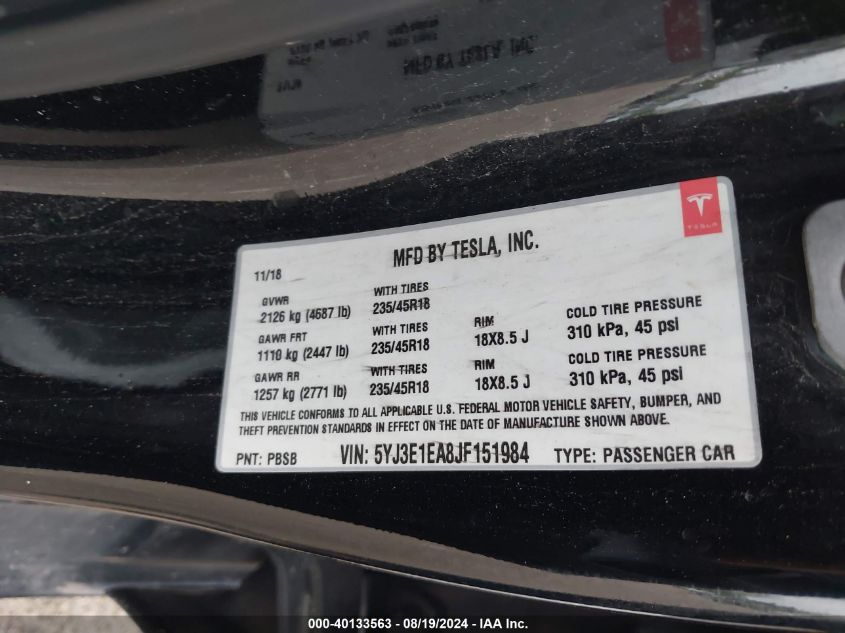 2018 Tesla Model 3 Long Range/Mid Range VIN: 5YJ3E1EA8JF151984 Lot: 40133563