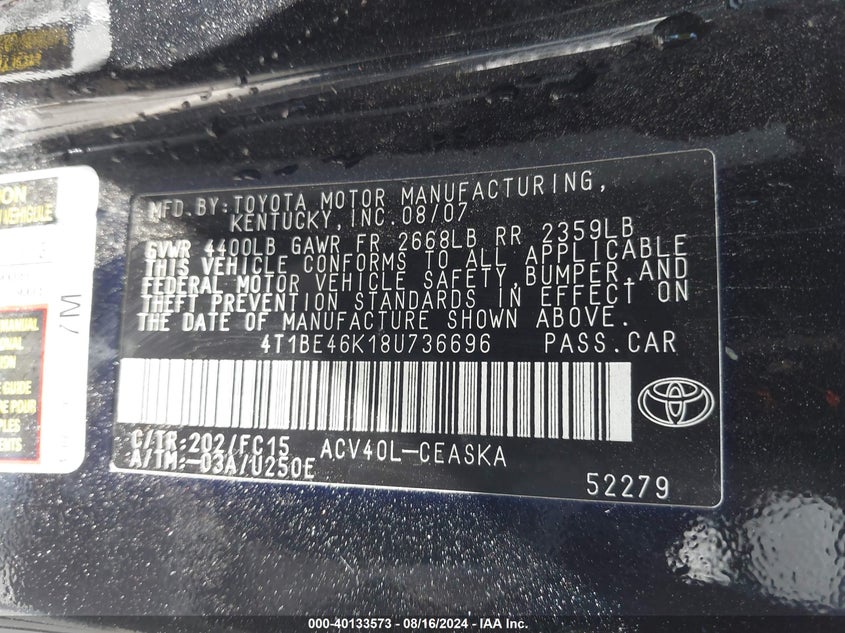 2008 Toyota Camry Se VIN: 4T1BE46K18U736696 Lot: 40133573