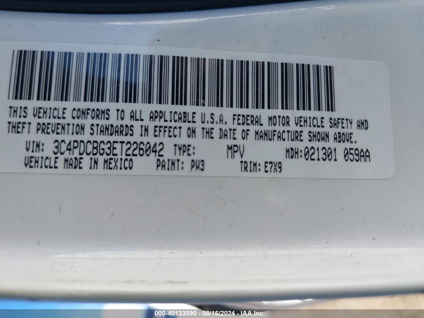 2014 Dodge Journey Sxt VIN: 3C4PDCBG3ET226042 Lot: 40133590