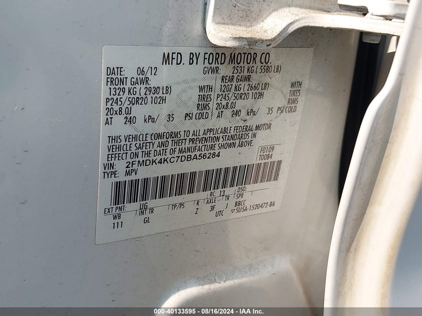 2013 Ford Edge Limited VIN: 2FMDK4KC7DBA56284 Lot: 40133595