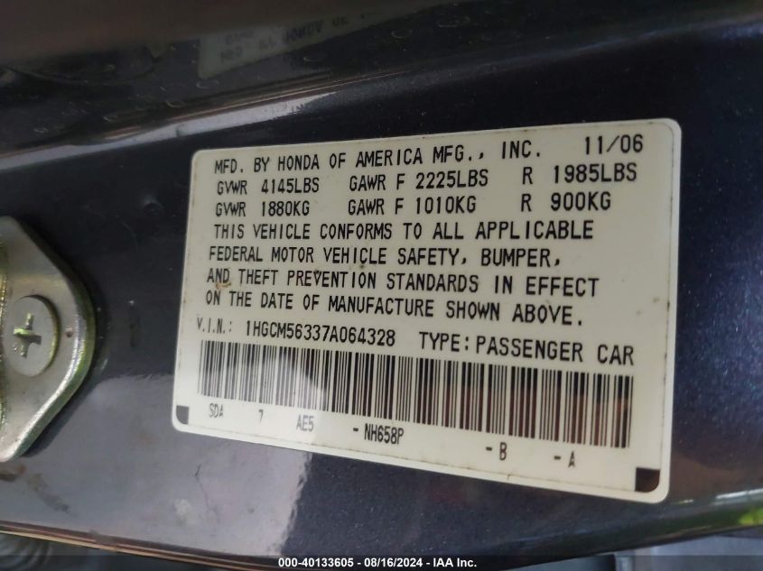 1HGCM56337A064328 2007 Honda Accord 2.4 Se