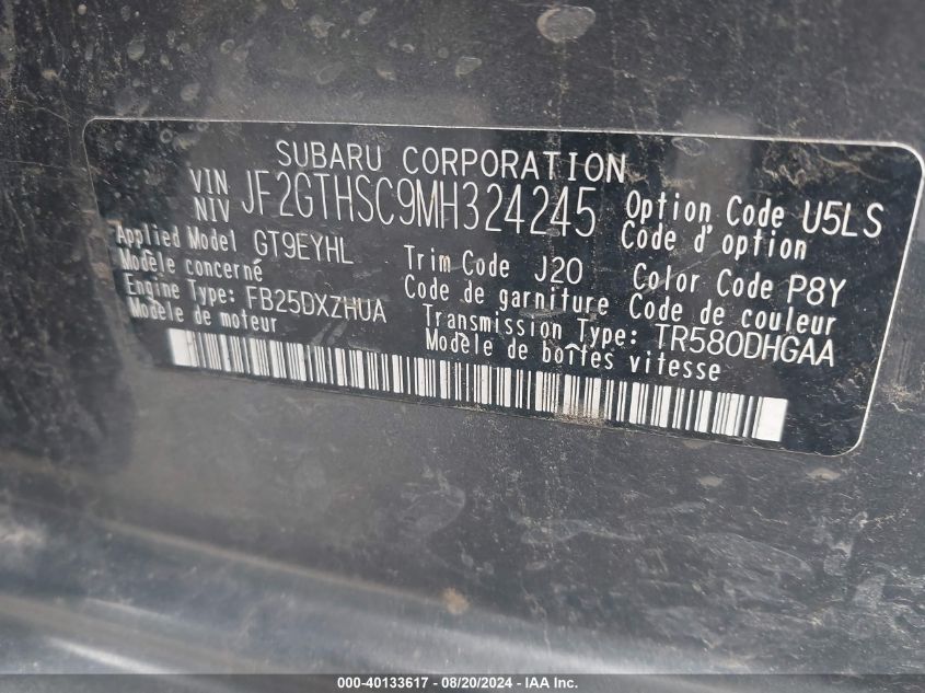 2021 Subaru Crosstrek Sport VIN: JF2GTHSC9MH324245 Lot: 40133617